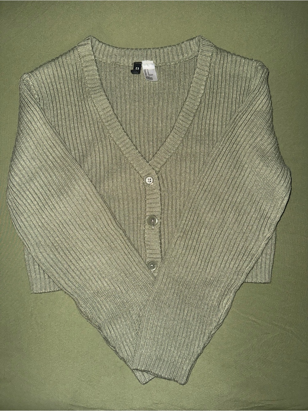 Divided Cropped Ribbed V-Neck Button Cardigan - Sage Green